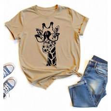 여성용 귀여운 기린 동물 프린트 티셔츠 반팔 캐주얼 셔츠 (미국 알파 라지 레귤러 레귤러 색상 A), 색상 C