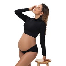 [ 1205672 ] JustVH 여성용 임산부 긴소매 크롭 탑 단색 터틀넥 셔츠 사진 촬영용 블랙 L