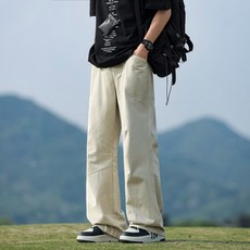 咖啡色純棉寬鬆直筒長褲 男士春秋休閒運動西裝褲