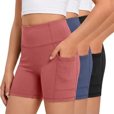 Vinsatin 3 Pack Girls Biker Shorts with Pockets Kids Volleyball Cheer Dance Athletic Yoga Shorts f, Coral Red, Haze Blue, Black