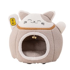 MiBing Pet's Shop 貓咪造型寵物窩，秋冬保暖加厚，全包圍立體防風，柔軟舒適可拆洗, 1個, 灰色-招財叮噹貓窩