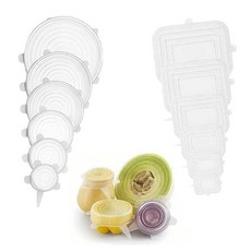 음식을 신선하게 보관할 수 있는 12개의 실리콘 스트레치 뚜껑 재사용 가능한 유연한 그릇 커버 원형 및 직사각형 6가지 크기 흰색