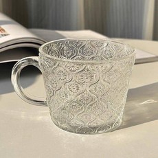 簡約海棠花把杯玻璃杯ins風復古冰咖啡杯珠點條紋早餐麥片牛奶杯, 1個, 帶把暢飲杯【海棠花】1只