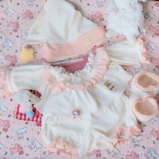 40cm 앉아 있는 면인형 옷 35cm 스팟 하늘색 귀여운 인형옷세트, 40cm 인형 옷, 수플레 핑크 (상의+바지+모자+신발)