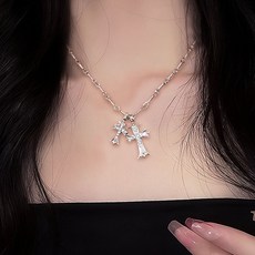 아루아 양면 십자가 더블 목걸이 큐빅 드롭 체인 Y2K 빈티지 데일리