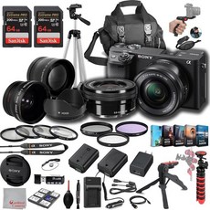 소니 a6400 미러리스 카메라 16-50mm 렌즈 포함 128GB 초고속 메모리 43도 광각 및 2배 케이스 삼각대 필터 후드 그립 예비 배터리 충전기 편집 소프트웨어 키트, 1개
