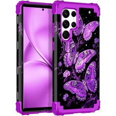 LONTECT 갤럭시 S22 울트라 5G 케이스 충격 방지 3 in 1 헤비 듀티 러기드 하이브리드 견고한 하이 임팩트 드롭 보호 커버 플라워 다크 퍼플 성장