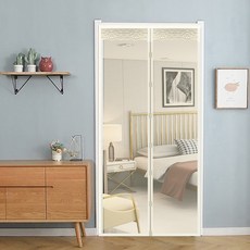 磁性加密紗網防蚊門簾 蕾絲邊, 壓燙加密纯色米黃,90*210, 米黃