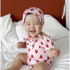 로이앤한나 핑크하트 3개월 6개월 9개월 신생아 백일 돌 여아 여자아기 셔링 반팔 원피스 수영복 수모 래쉬가드 세트