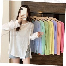 여성 긴팔 티셔츠 캔디 파스텔 컬러 시스루 슬릿 커버업 해변 자외선차단 선스크린 수영복 덧입기