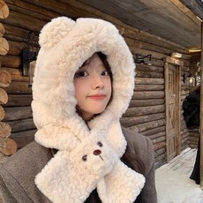 小熊耳朵毛絨帽子圍巾一體女冬季騎車防寒保暖護耳圍脖百搭雷鋒帽