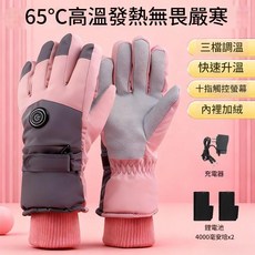 電熱手套 三檔控溫 全指手背發熱, 夢幻粉雙電池款+充電器
