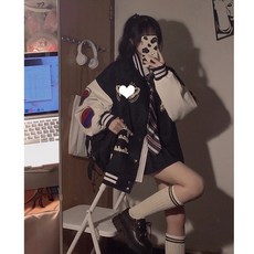 봄과 가을 야구 정장 여자 코트 두꺼운 편지 자수 조수ins스트림 힙합 루즈 조커 티베트어 블루 코튼 패딩 재킷