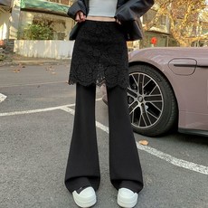 AOKADA 여성 봄 가을 세미 와이드 레이스 레이어드 스커트 팬츠 하이웨스트 부츠컷 바지