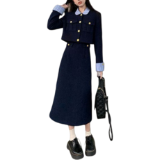 Makone 여성 가들 겨울 레이어드 오피스 정장 숏 자켓 롱 스커트 투피스