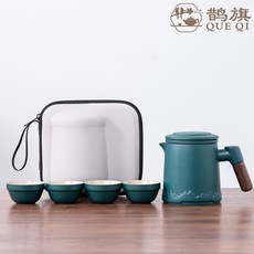 鵲旗精品便攜式旅行茶具 小套裝 高檔隨身戶外茶具 露營快客杯一壺四杯 泡茶壺kun, 木柄一壺四杯-綠, 1個