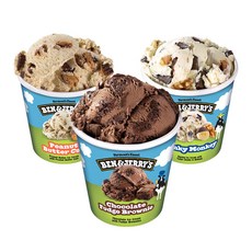 벤앤제리스 파인트 아이스크림 3종 혼합구성(초코퍼지브라우니+청키몽키+피넛버터컵), 3개, 473ml