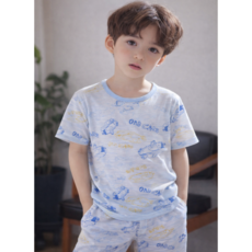 행복한쇼핑몰 남아용 무형광 린넨 쿨드라이 블루 자동차 상하의 반팔 세트