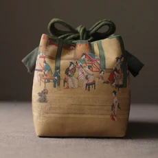 졸라매는 끈 가방 여행 차 세트 찻주전자 찻잔 천 보관 빈티지 페인팅 휴대용 컵 그릇 주최자, 01 C78D