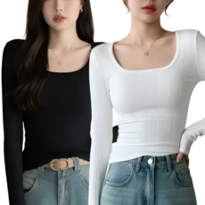 집가치 여성 긴팔티 이너 골지 슬림 유넥 티셔츠 세트