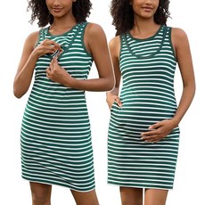 [ 674576 ] 데벨리 수유 탱크 드레스 스트라이프 민소매 사이드 포켓 여성용 모유 무릎 길이 그린 및 화이트 스트라이프 L