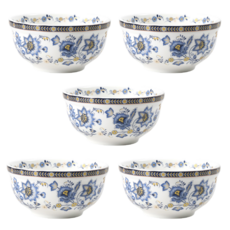 클래식 플라워 도자기 면기 5P / 라면그릇 냉면그릇, 1세트, 블루