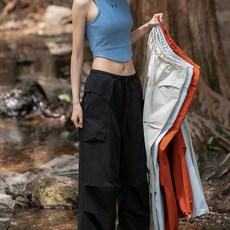大口袋衝鋒褲女 薄長褲 闊腿機能褲 - 防潑水休閒登山運動長褲