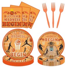 March of Madness 농구 생일 장식 - 96피스 Let The Begin 종이 접시 냅킨 포크 일회용 식기 세트 고등학교 대학 졸업 용품 24인용, March of Madness 농구 생일 장식 - 96