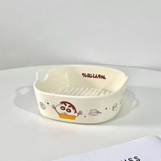 臺灣-出貨【新款熱銷】蠟筆小新空氣炸鍋專用碗陶瓷微波爐烤箱專用器皿烘焙焗飯雙耳烤碗 ZCRG, 1個, 6.5英寸雙耳烤碗【蠟筆小新】