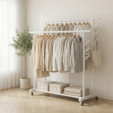 UniNest 업그레이드형 튼튼한 보강형 대용량 2단 이동식 행거 더블 철제 옷걸이 행거, 심플화이트