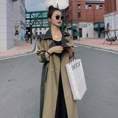 봄가을트렌치코트 투톤 그린배색 긴팔 롱자켓 아우터 여성 바바리코트 바람막이