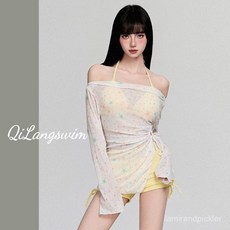 韓系泳裝掛脖式多巴胺長袖罩衫一字肩分體泳衣三件套, 黃色,L【建議95-105斤】