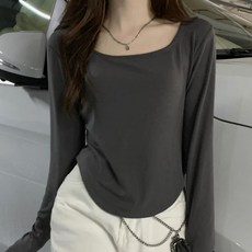 스퀘어넥 언발 슬림 여성 티셔츠 기본티 저지원단, 화이트, L