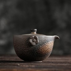 嘉義出貨 茶具 古早燒粗陶花型壺耳手抓壺 新中式手工復古陶瓷功夫茶具鎏金蓋碗茶杯 品茗杯, 太陽花鎏金手抓壺, 1個