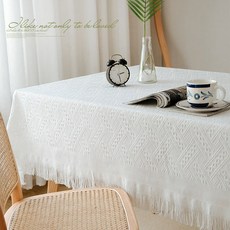 MANYUE HOME 法式棉麻流蘇桌布, 1個, 90*90cm, T格--白色