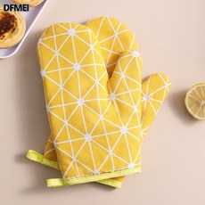 DFMEI 廚房微波爐烤箱烘焙 加厚格子棉麻 隔熱手套, 1個, 黃色幾何(單隻):如圖