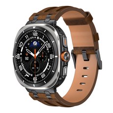 VANTIO 갤럭시워치8 울트라2/1 호환 가죽+스테인리스 메탈 조합 스트랩 시계줄 47mm, 1개, 다크 브라운