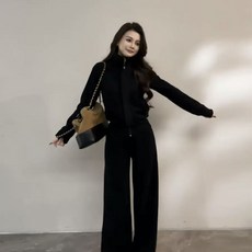 패션 여성 세트 가을 겨울 차이나 맨투맨 코트 + 하이웨이스트 와이드 팬츠 상하의 투피스 세트 LPC