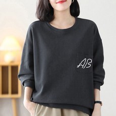 Neirny 여성 빈티지 맨투맨 티셔츠 가을겨울 순면 긴팔 포켓포함 루즈핏 캐주얼 풀오버 빅사이즈 중년여성티