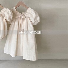 DIU 夏裝娃娃裙子女童寶寶蝴蝶結泡泡袖公主裙碎花方領連衣裙