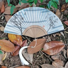 新中式古風折扇 隨身便攜國風漢服旗袍舞蹈走秀古裝扇, 22cm竹蜻蜓黑邊送冰絲繐,無規格, 竹蜻蜓黑邊