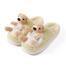 여성용 면 슬리퍼 겨울 보온 후 굽 달린 홈 인테리어 커플 미끄럼 방지 마루 슬리퍼 겨울 가정용, 배낭곰-그린
