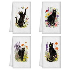 WADORN 4가지 스타일 할로윈 고딕 점술 핸드 타월 재미있는 마녀 타로 달 페이즈 햇빛 장식 접시 부드럽고 흡수력이 좋은 주방 행주 요리용 베이킹 집들이 선물 59.9, 블랙 캣 플로럴