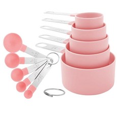 계량 컵과 스푼 세트 쌓을 수 있는 10피스 주방 도구 스테인리스 스틸 손잡이 요리 및 베이킹용 중첩 측정 도구 (블랙), 핑크