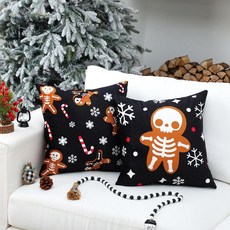 HunnmingRe Goth 크리스마스 장식용 쿠션 커버 45.7 x 45.7cm(18 x 18인치) 해골 진저브레드 맨 눈송이 캔디 장식 베개 커버 소파 거실 침실 블랙 크리