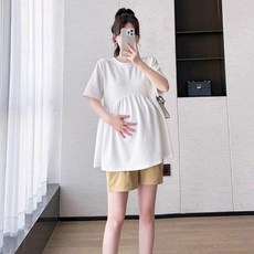 티류으스 임산부 여름 반팔티셔츠 루즈핏 화이트 캐주얼 배가리개 티안나는 빅사이즈 WY