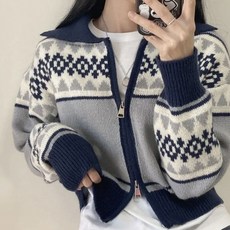 [데일리 아이템] 노르딕 크롭 집업 가디건 (2color) // 노르딕 패턴 크롭 투웨이지퍼 지퍼 집업 니트 가디건 니트가디건 (HY-4115)