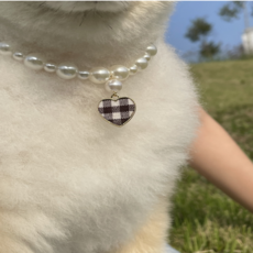 데뎅 반려동물 고급진 수제 체크 하트 진주 목걸이, 브라운, 1개