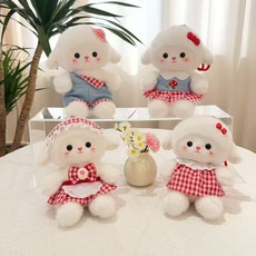 軟萌奶白小羊毛絨玩具包包掛飾安撫動物掌中寶陪睡娃娃送女生禮物, 1個, 格子蝴蝶結裙:15cm