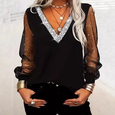 봄여름 여성 패션 스팽글 브이넥 망사 긴팔 캐주얼 티셔츠 상의